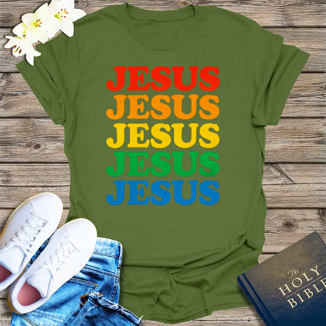Retro Rainbow Jesus T-Shirt - Military Green
