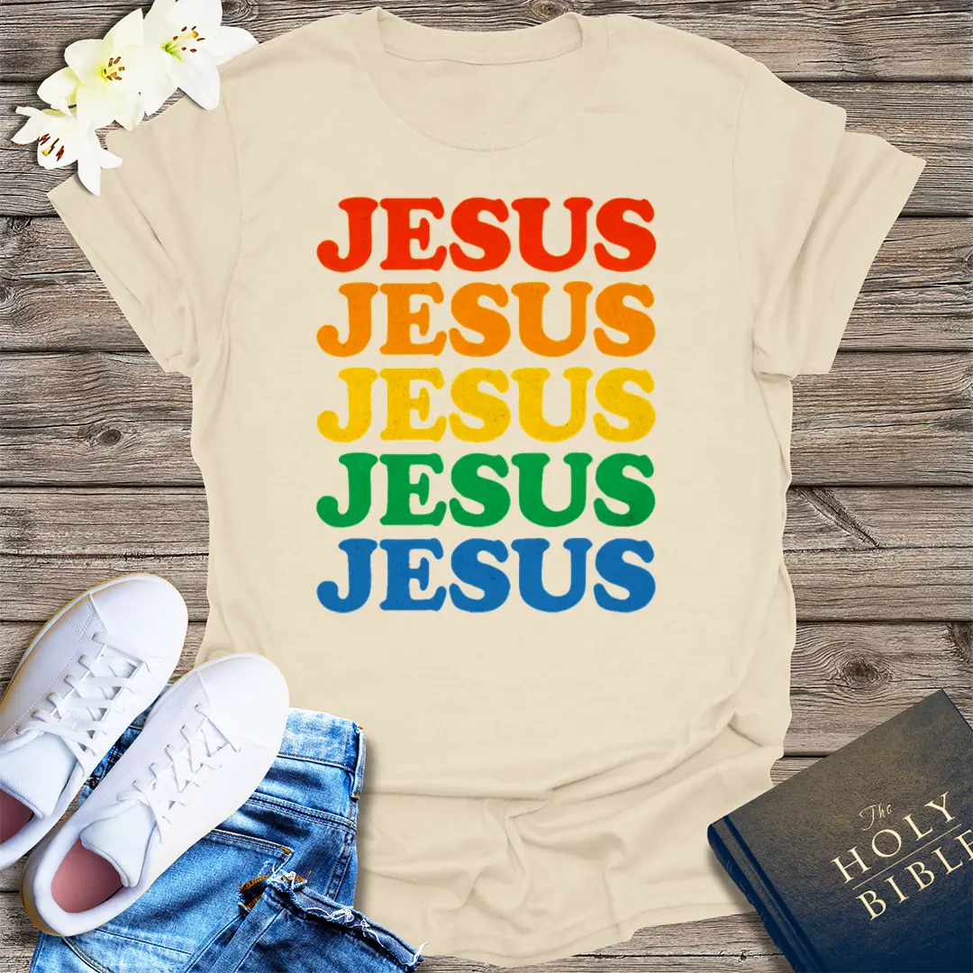 Retro Rainbow Jesus T-Shirt - Natural