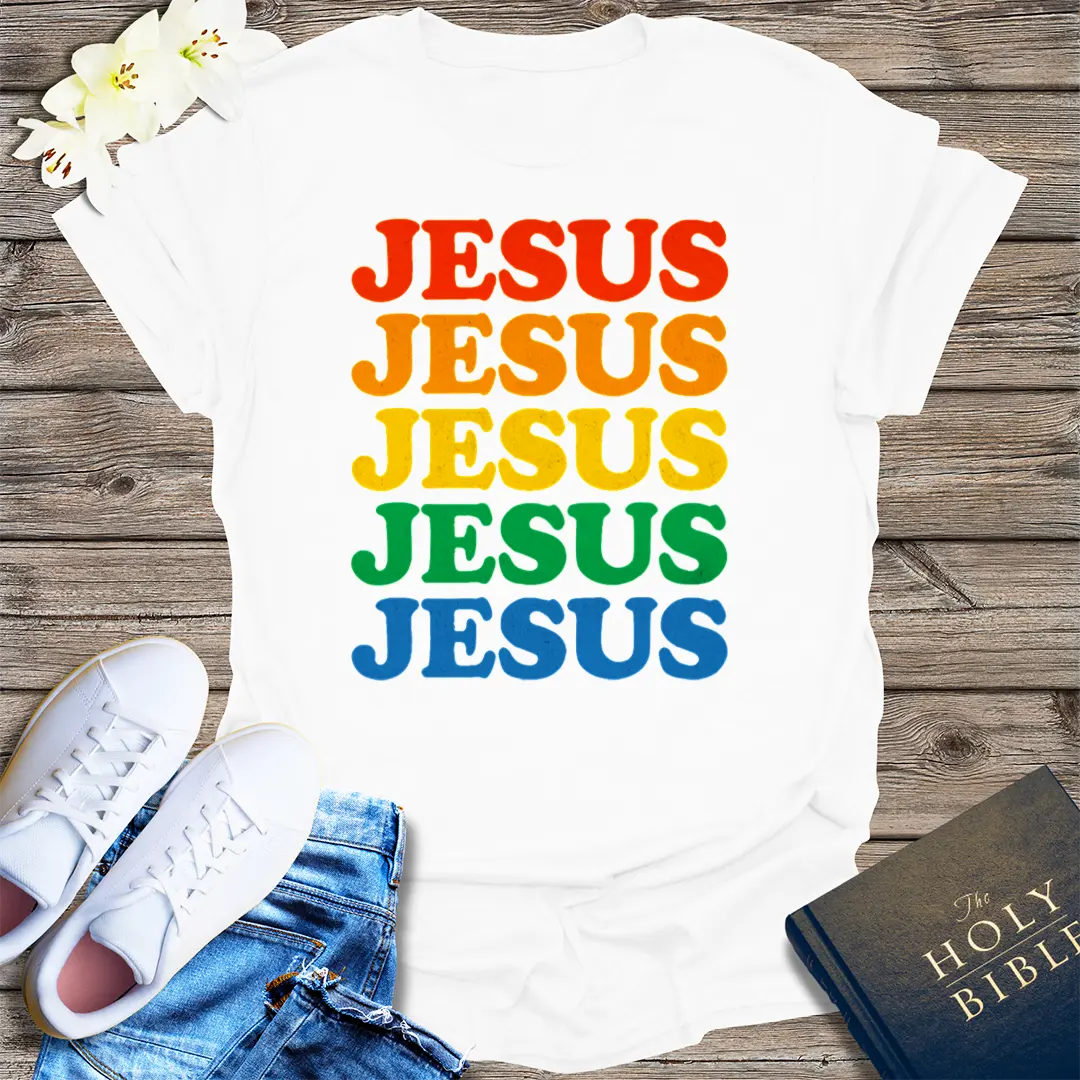 Retro Rainbow Jesus T-Shirt - White