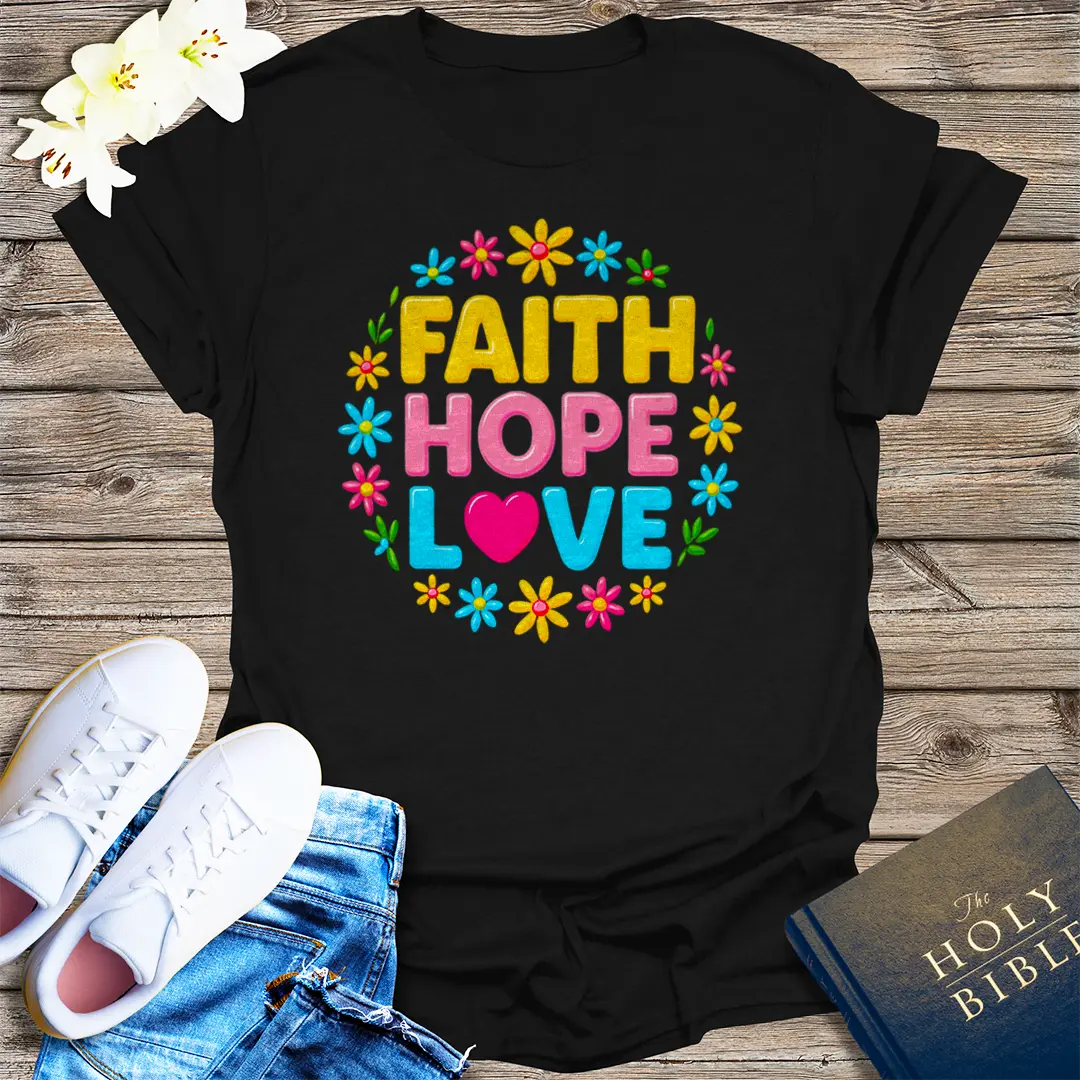 Faith Hope Love Floral T-Shirt - Black