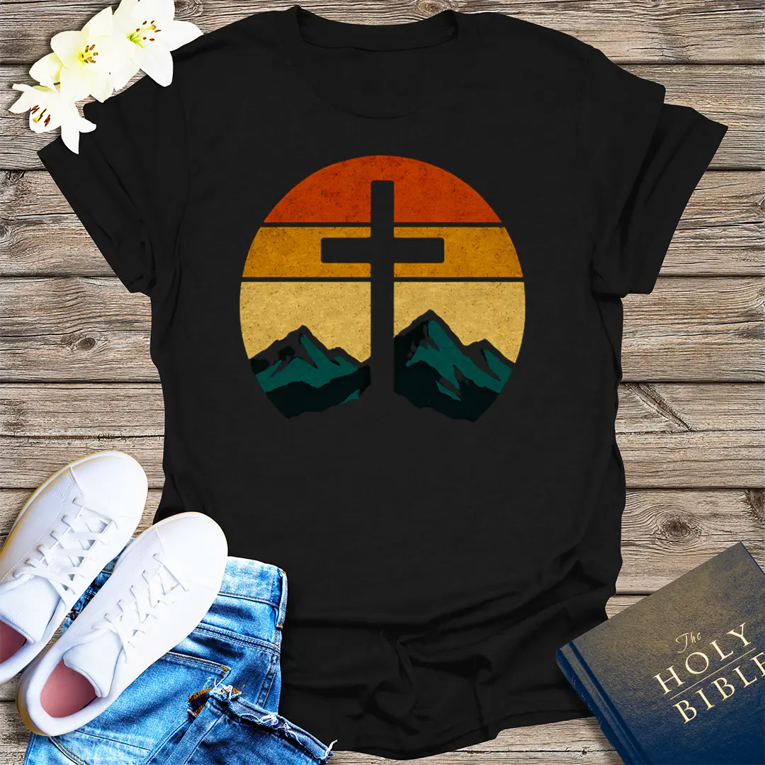 Sunset Cross & Mountains T-Shirt - Black
