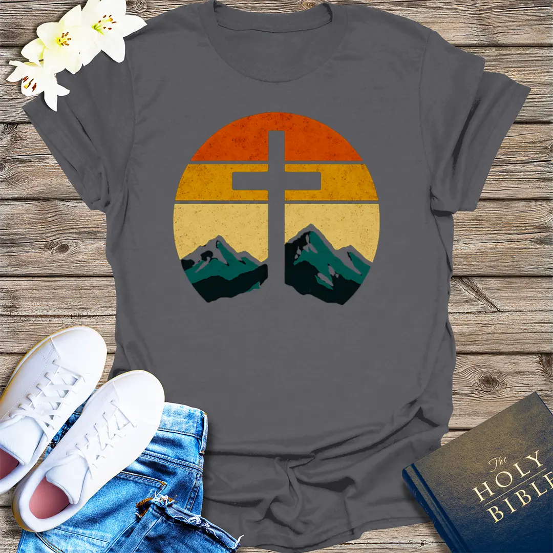 Sunset Cross & Mountains T-Shirt - Charcoal
