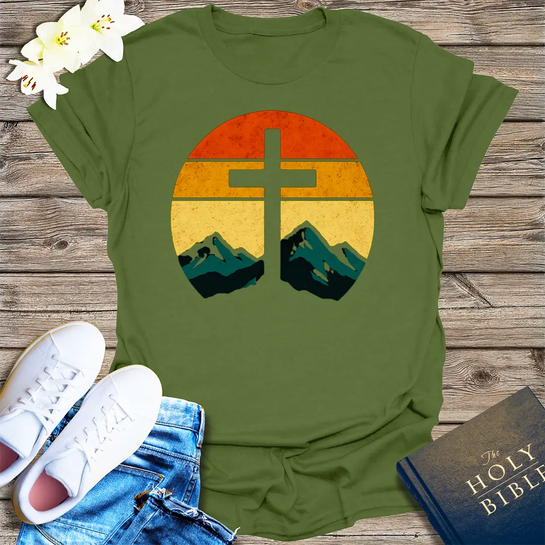 Sunset Cross & Mountains T-Shirt - Military Green