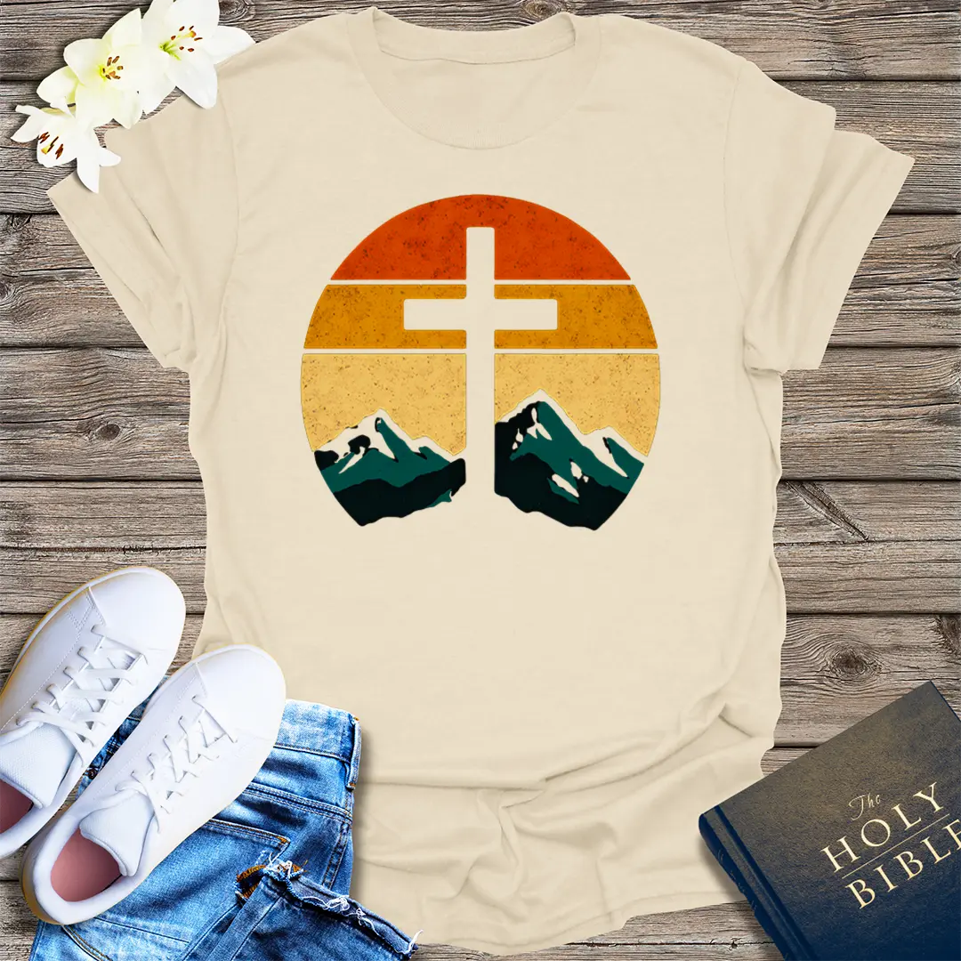 Sunset Cross & Mountains T-Shirt - Natural