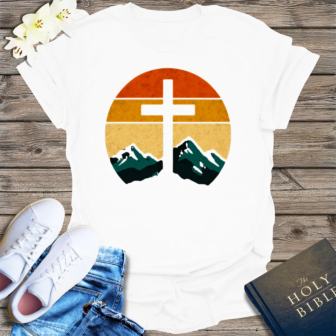 Sunset Cross & Mountains T-Shirt - White