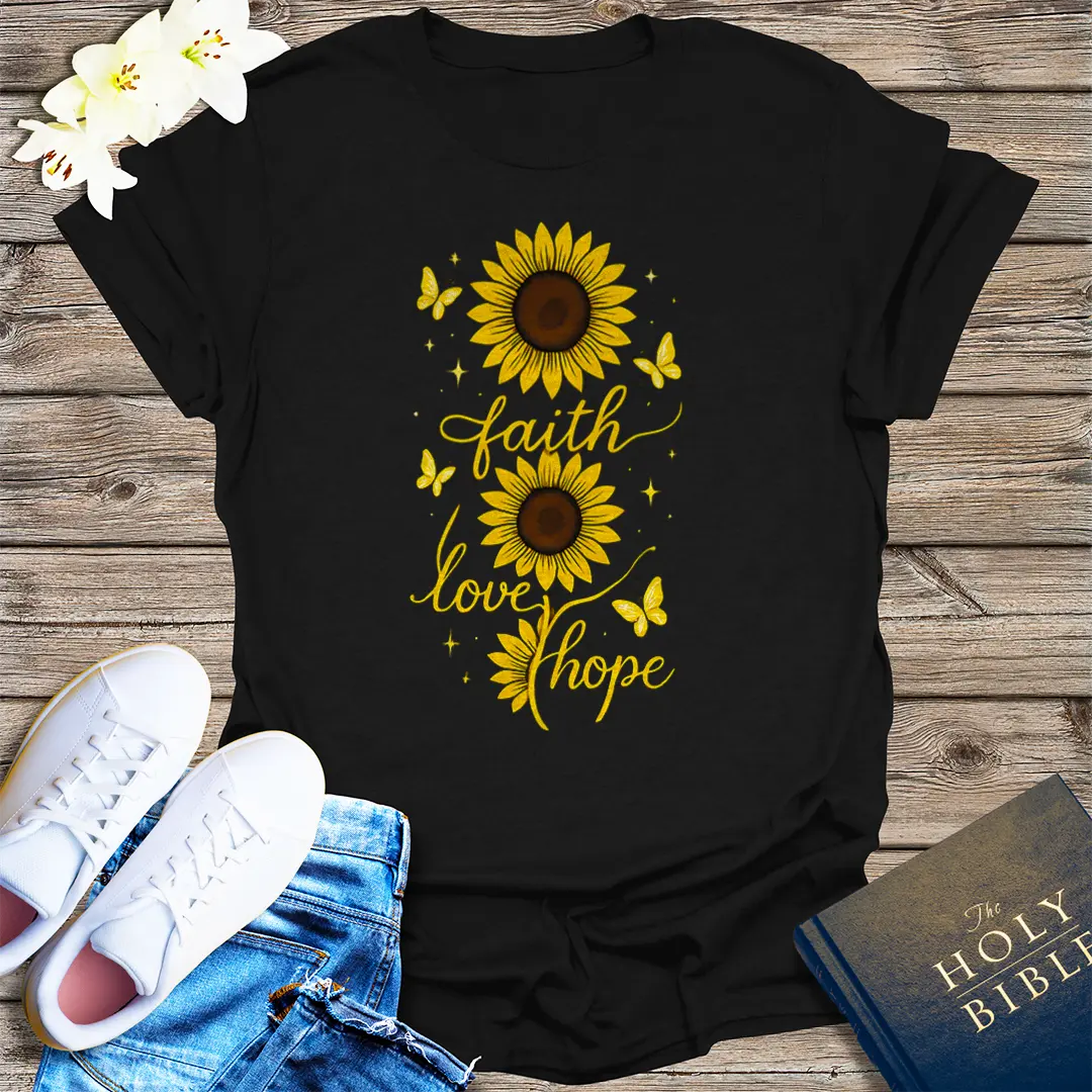 Faith Love Hope Sunflower T-Shirt - Black
