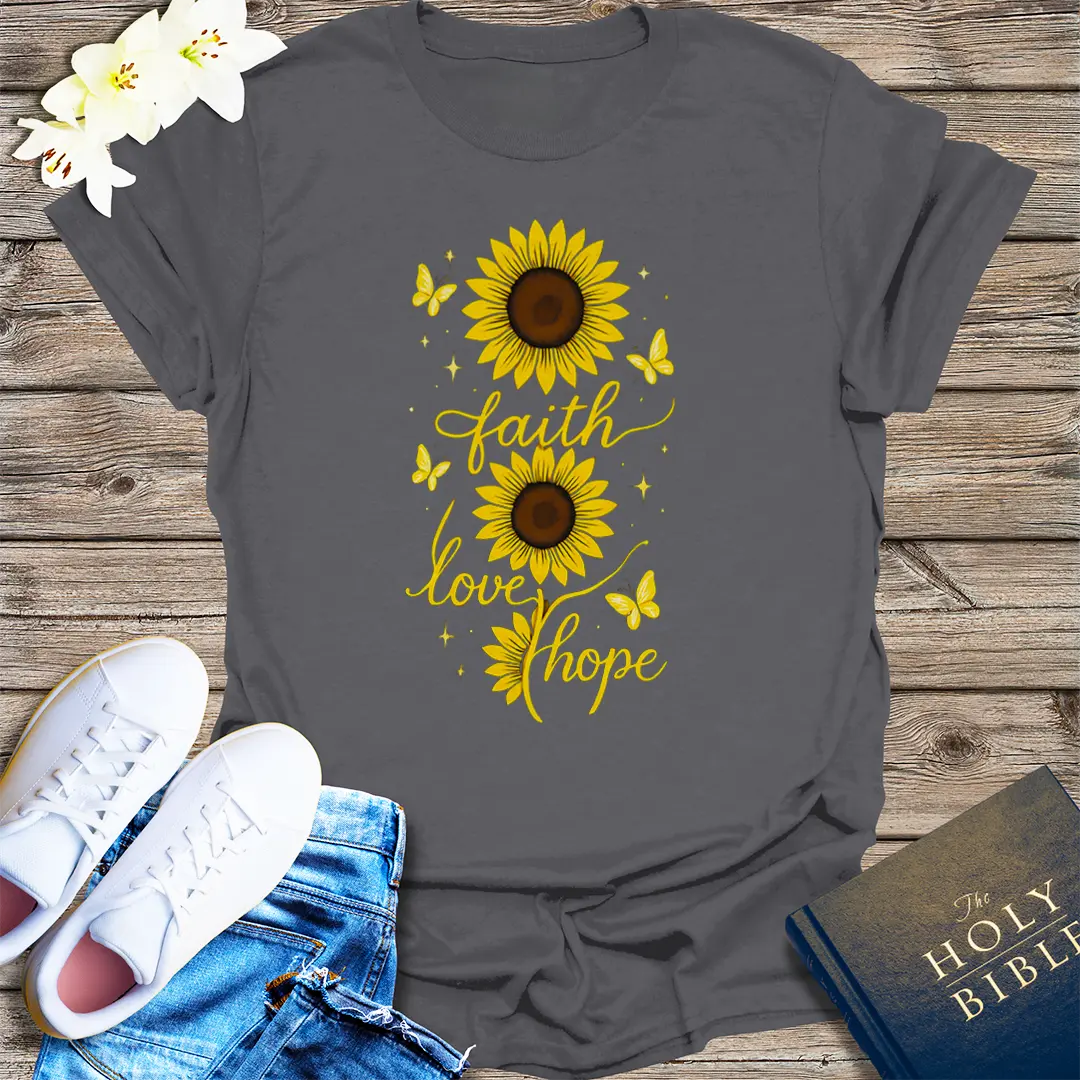 Faith Love Hope Sunflower T-Shirt - Charcoal
