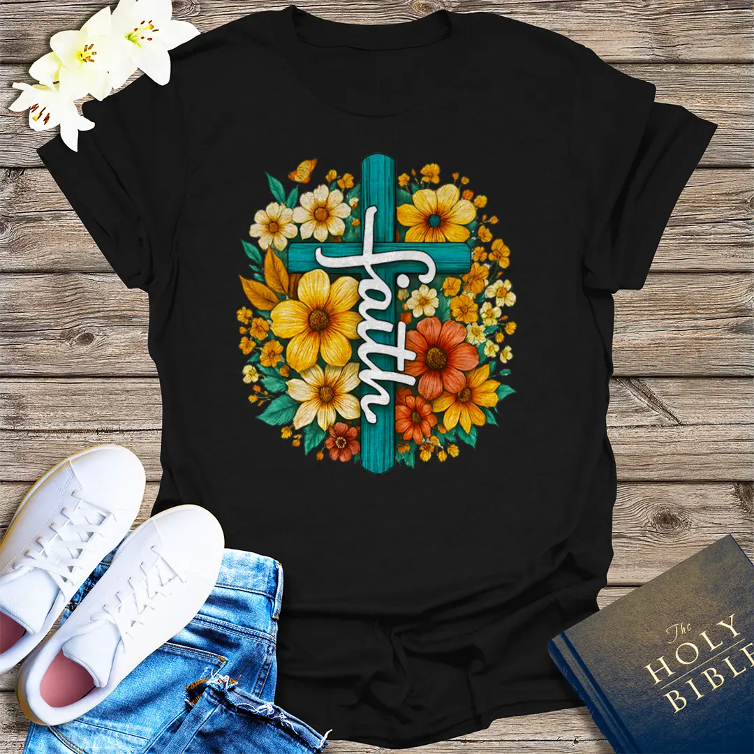 Floral Faith Cross T-Shirt - Black