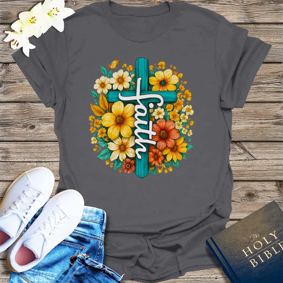 Floral Faith Cross T-Shirt - Charcoal