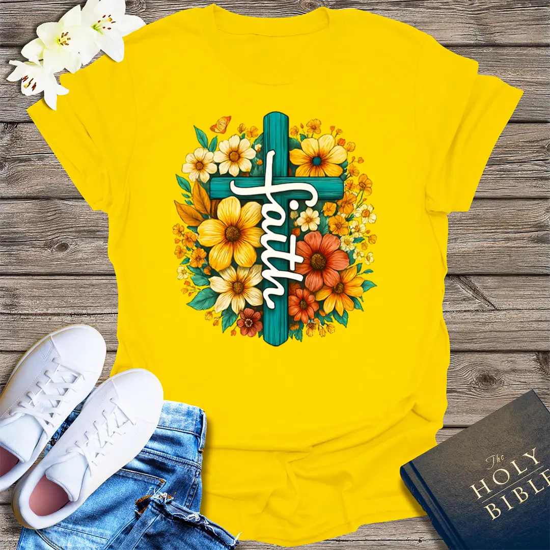 Floral Faith Cross T-Shirt - Daisy