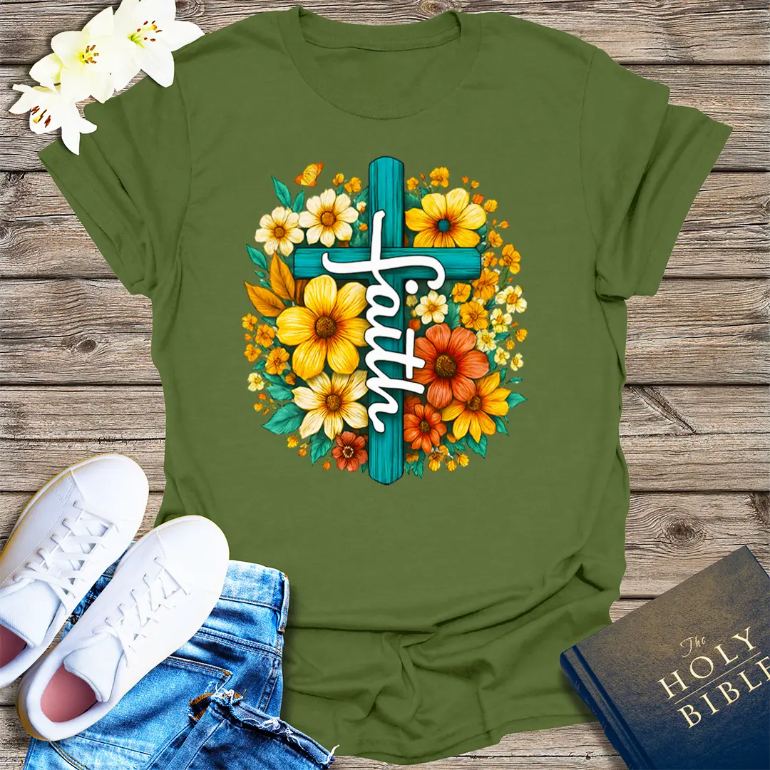 Floral Faith Cross T-Shirt - Military Green