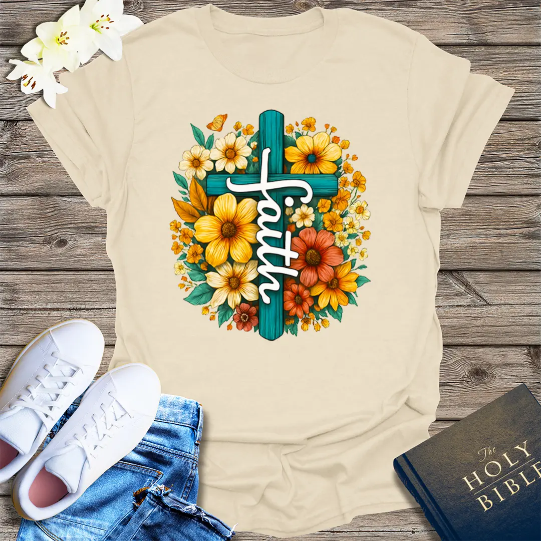 Floral Faith Cross T-Shirt - Natural
