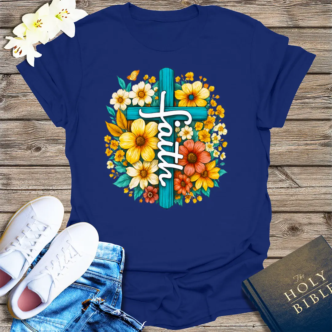Floral Faith Cross T-Shirt - Navy