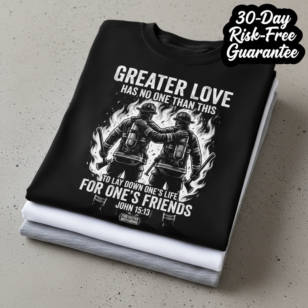 Greater Love Firefighter T-Shirt_stacked_flatlay