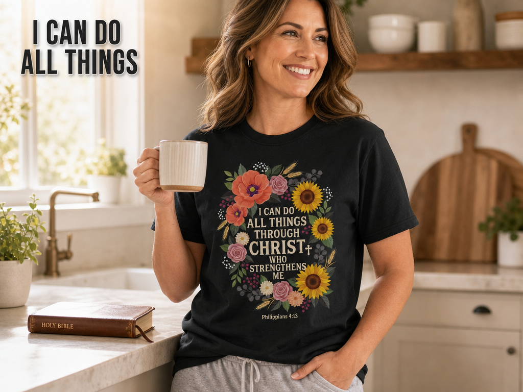 Strength in Christ Floral Wreath T-Shirt_ls_indoor