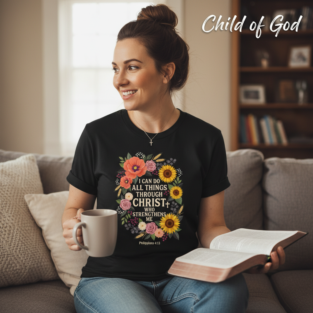 Strength in Christ Floral Wreath T-Shirt__use