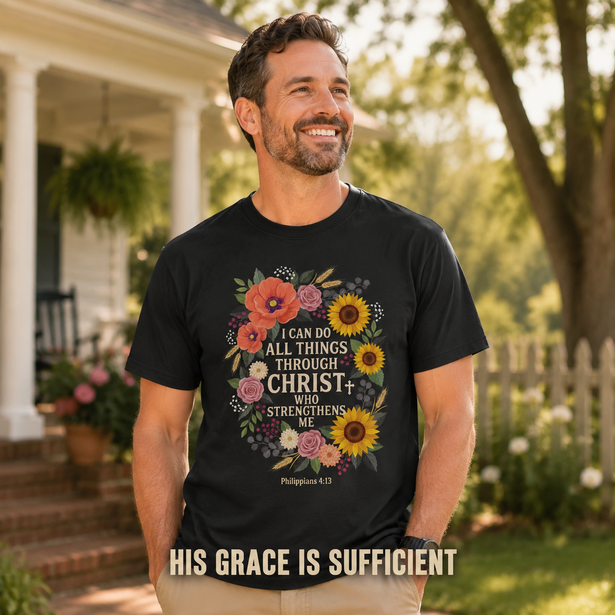 Strength in Christ Floral Wreath T-Shirt_active_outdoor
