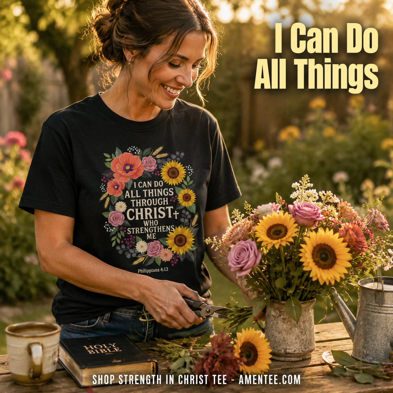 Strength in Christ Floral Wreath T-Shirt_contextual