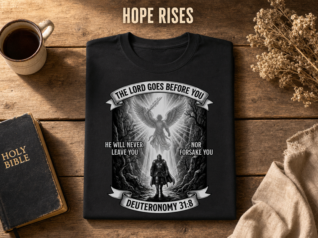He Will Never Forsake T-Shirt_folded_flatlay