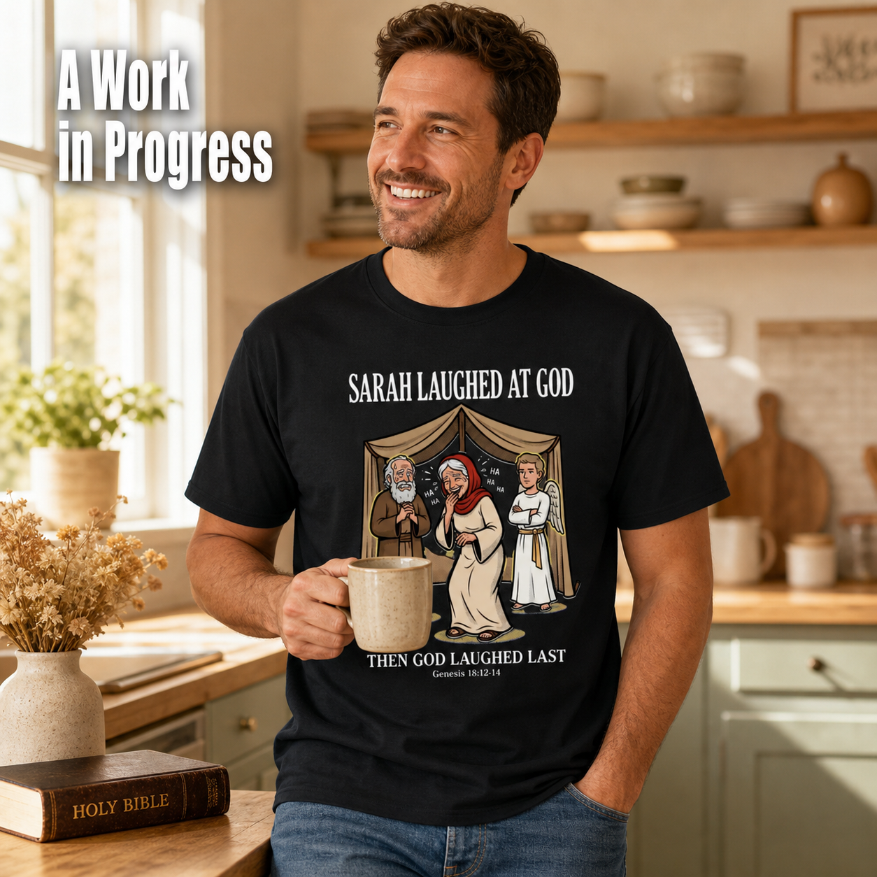 Sarah Laughed at God T-Shirt_ls_indoor