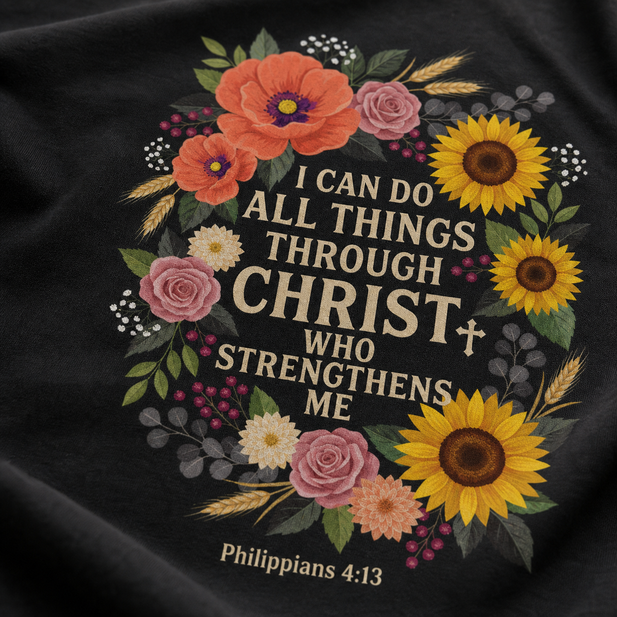 Strength in Christ Floral Wreath T-Shirt_macro_detail