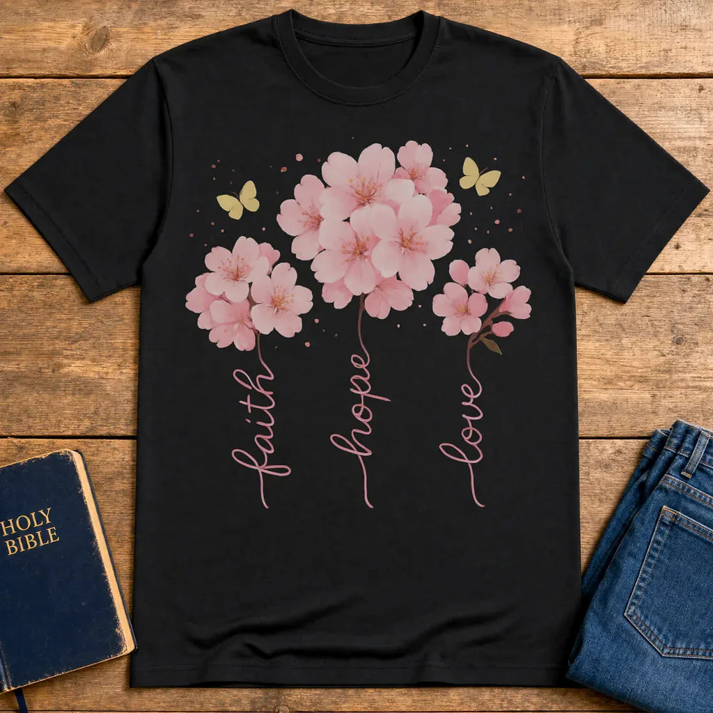 Faith Hope Love Cherry Blossom T-Shirt - Black