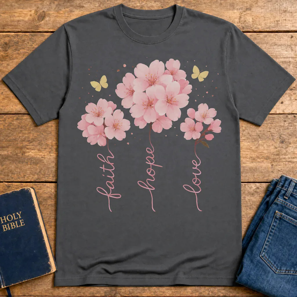 Faith Hope Love Cherry Blossom T-Shirt - Charcoal