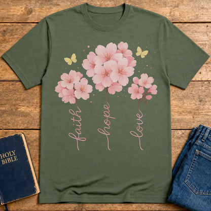 Faith Hope Love Cherry Blossom T-Shirt - Military Green