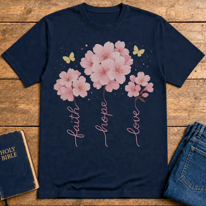 Faith Hope Love Cherry Blossom T-Shirt - Navy