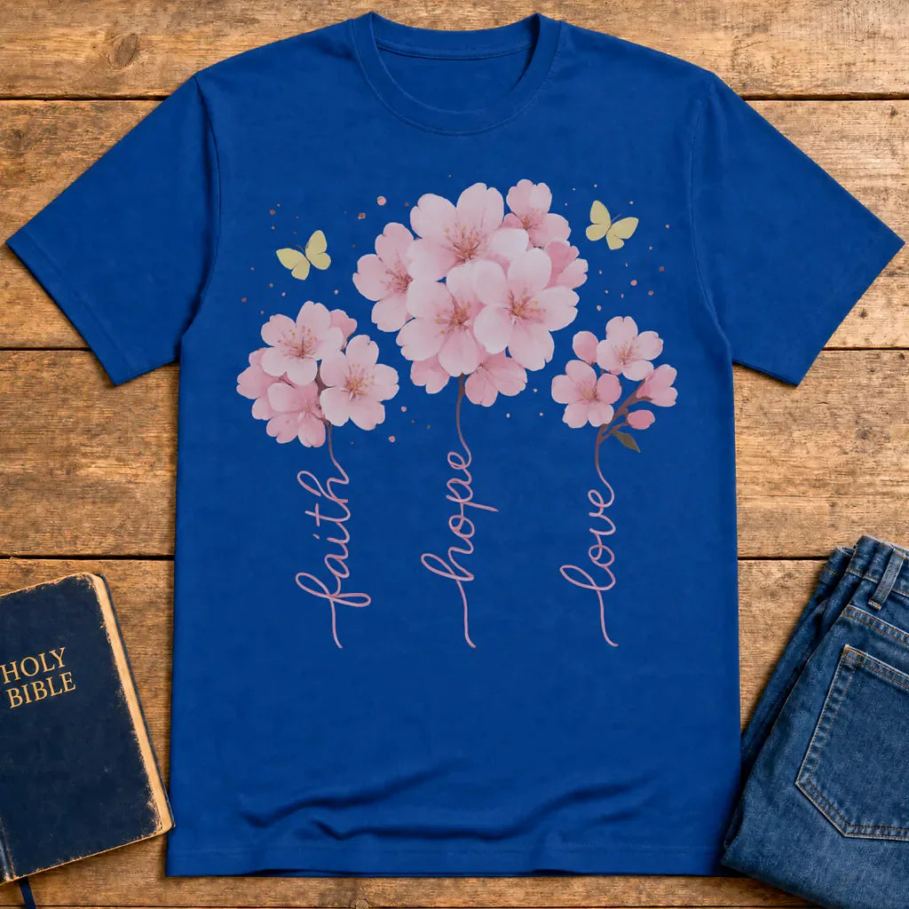 Faith Hope Love Cherry Blossom T-Shirt - Royal