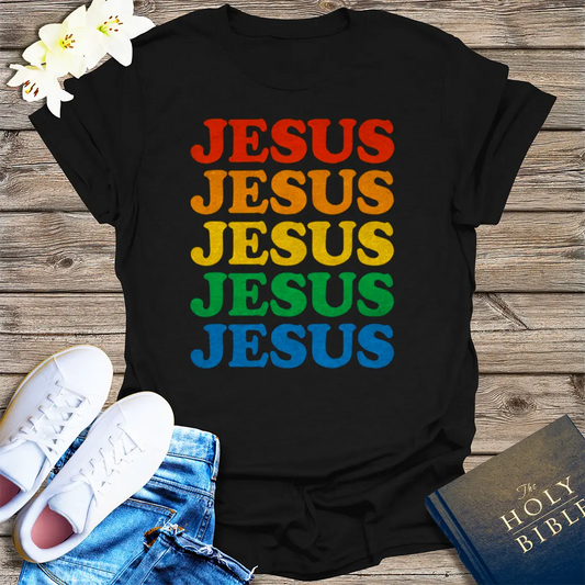 Retro Rainbow Jesus T-Shirt - Black
