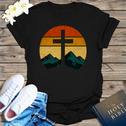 Sunset Cross & Mountains T-Shirt - Black