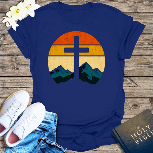 Sunset Cross & Mountains T-Shirt - Navy