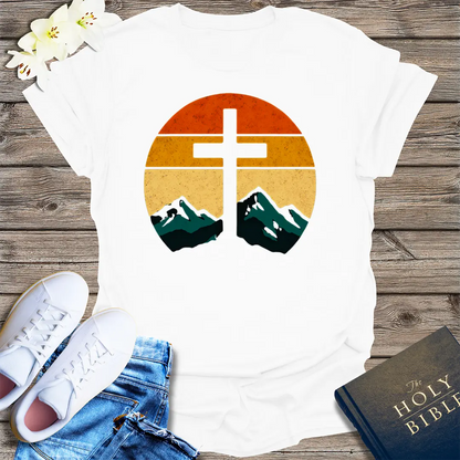 Sunset Cross & Mountains T-Shirt - White