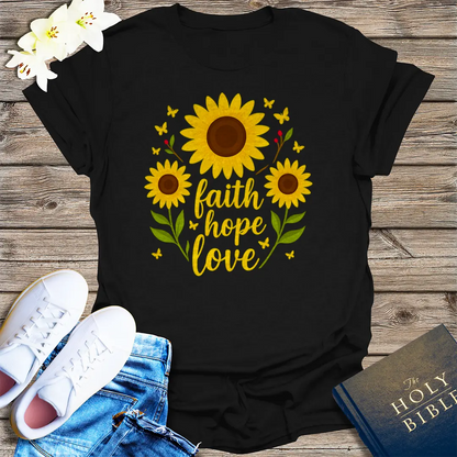 Faith Hope Love Sunflower T-Shirt - Black