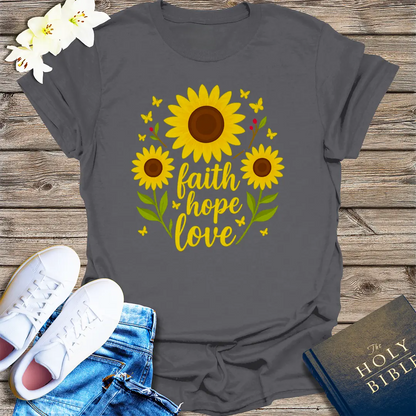 Faith Hope Love Sunflower T-Shirt - Charcoal