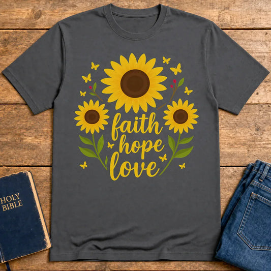 Faith Hope Love Sunflower T-Shirt - Charcoal