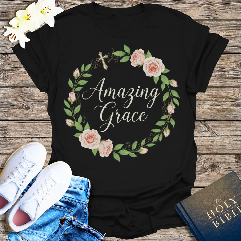 Amazing Grace Floral Wreath T-Shirt - Black