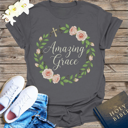 Amazing Grace Floral Wreath T-Shirt - Charcoal