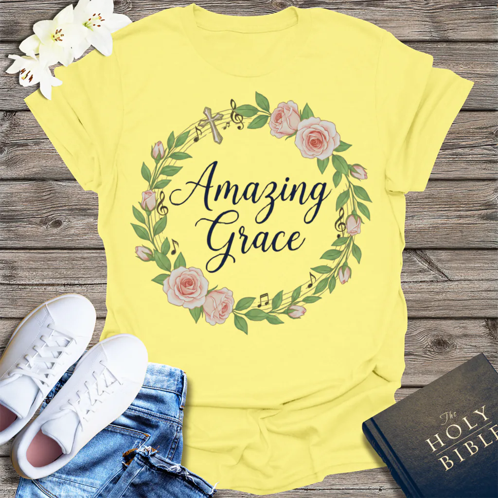 Amazing Grace Floral Wreath T-Shirt - Cornsilk