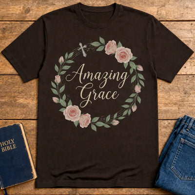 Amazing Grace Floral Wreath T-Shirt - Dark Chocolate