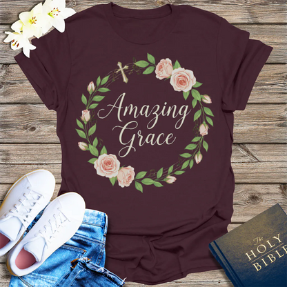 Amazing Grace Floral Wreath T-Shirt - Dark Chocolate