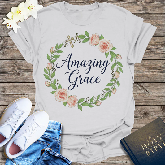 Amazing Grace Floral Wreath T-Shirt - Ice Grey