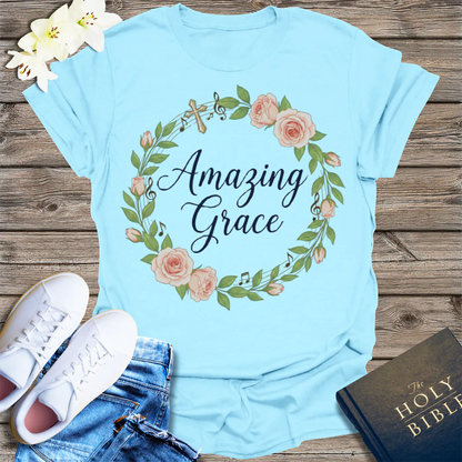 Amazing Grace Floral Wreath T-Shirt - Light Blue