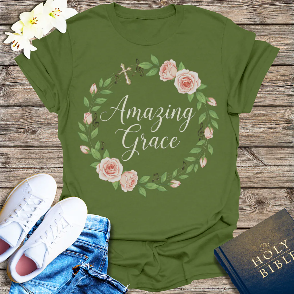 Amazing Grace Floral Wreath T-Shirt - Military Green