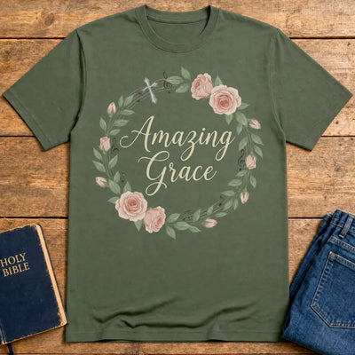 Amazing Grace Floral Wreath T-Shirt - Military Green