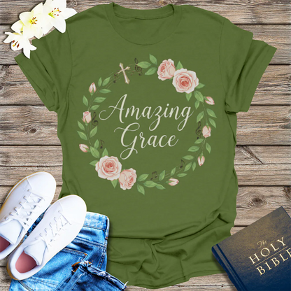 Amazing Grace Floral Wreath T-Shirt - Military Green