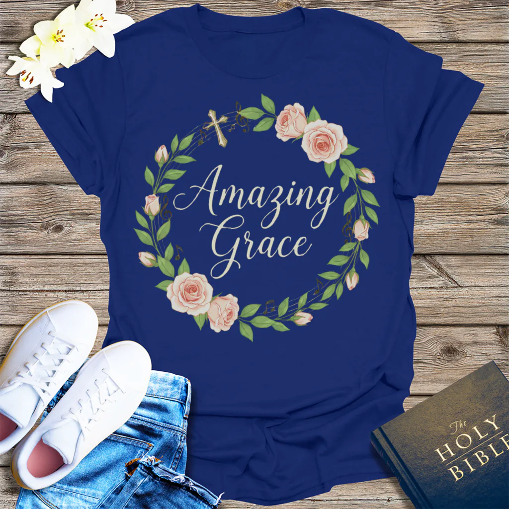 Amazing Grace Floral Wreath T-Shirt - Navy