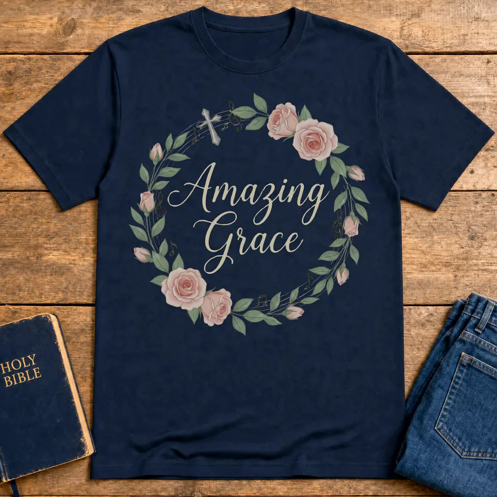 Amazing Grace Floral Wreath T-Shirt - Navy
