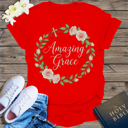 Amazing Grace Floral Wreath T-Shirt - Red